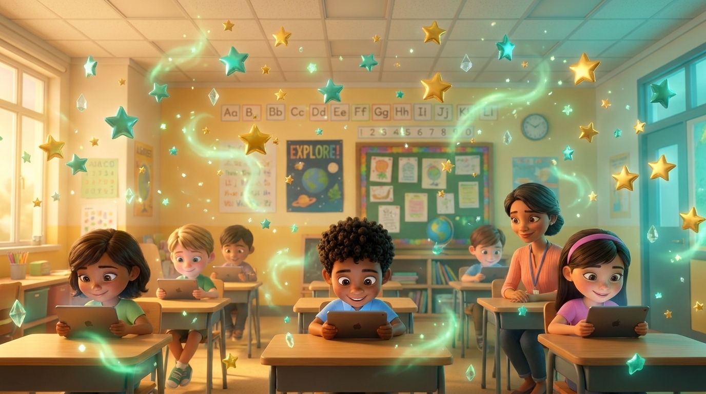 Crianças em uma sala de aula moderna usando tablets em uma jornada educacional espacial