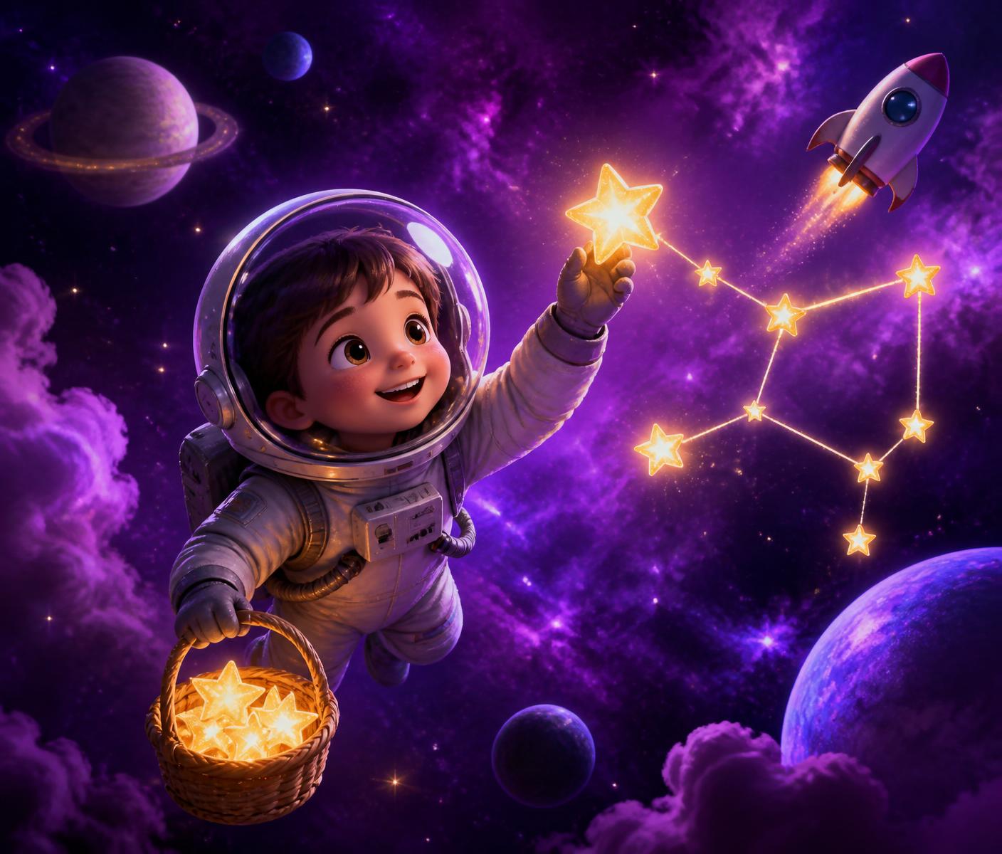 Criança astronauta coletando estrelas que formam uma constelação no universo