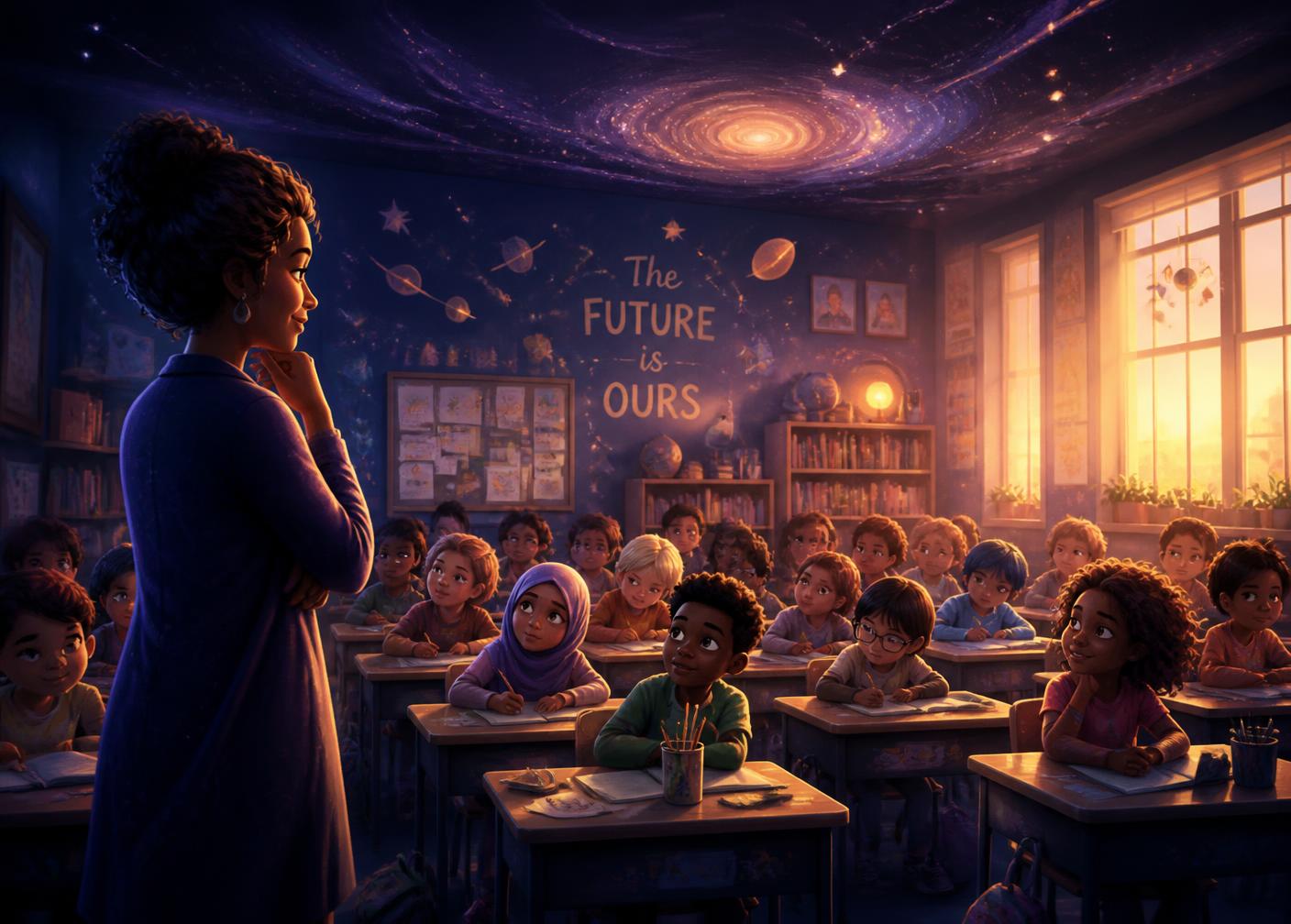 Professora observando vários alunos em uma sala de aula diversa